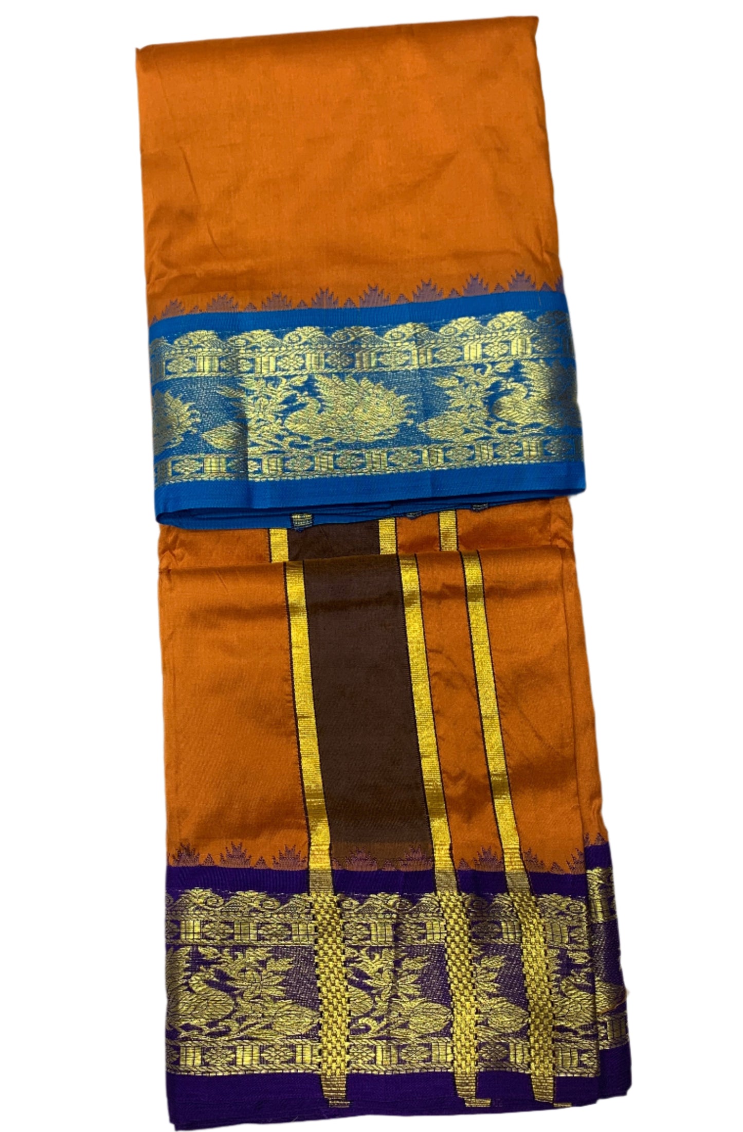 9X5 Pure Silk Dhoti Mango Yellow Colour with Sky Blue and Blue Ganga Jamuna Border