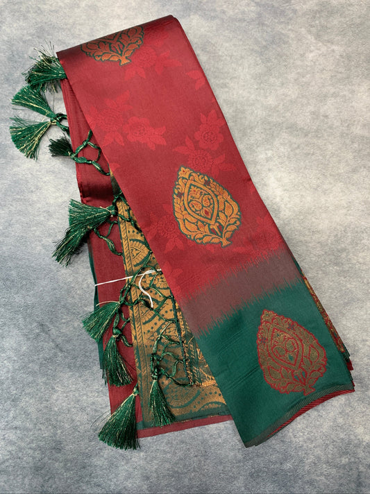 Art Silk Saree Green Colour with Maroon Border