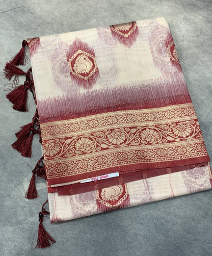 Banaras Katan Saree Off White Colour with Maroon Katan Work Border
