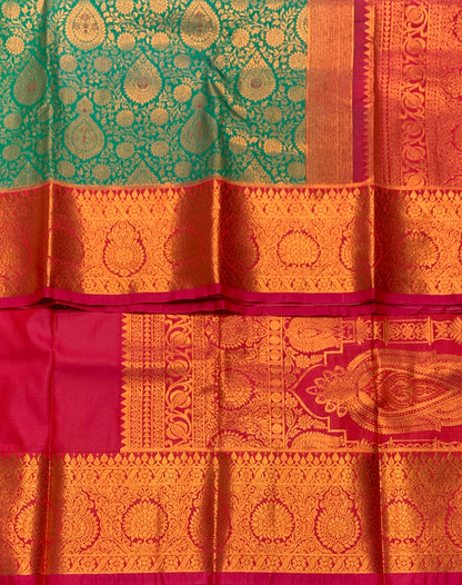 Vegan Silk Saree Green Colour with Pink Border