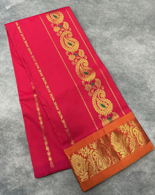 Tomato Pink Shade Semi silk Kids Pattu Pavadai with Contrast border for age 5 to 10