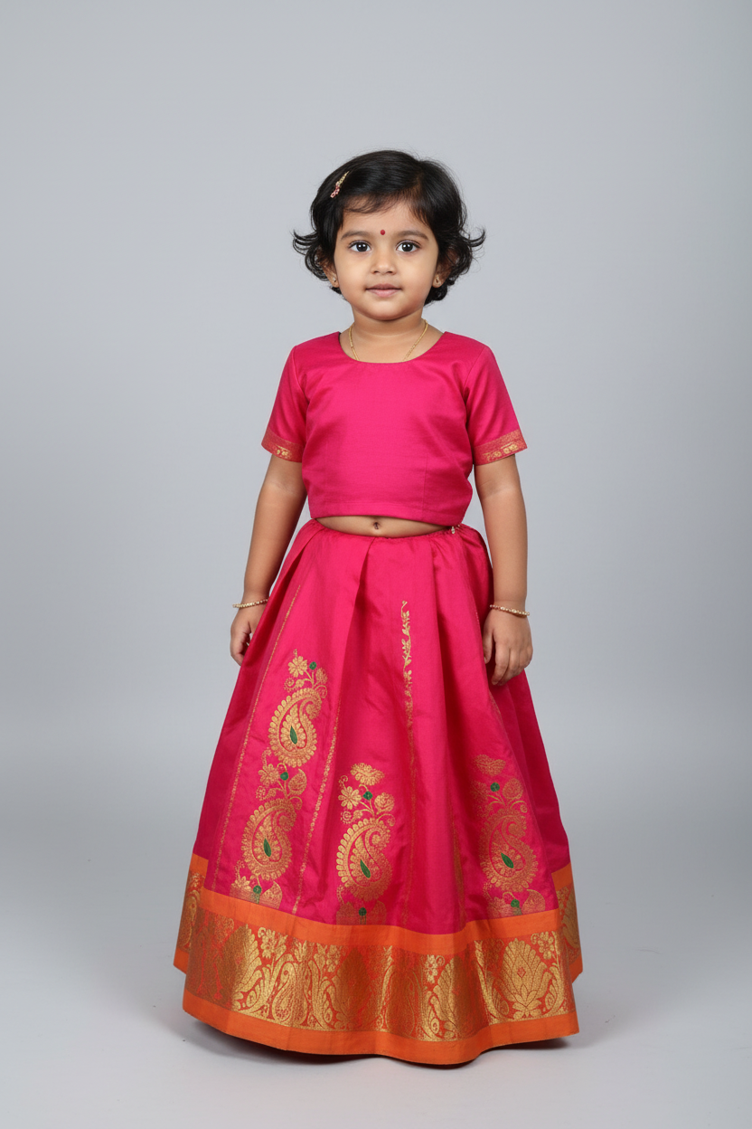 Tomato Pink Shade Semi silk Kids Pattu Pavadai with Contrast border for age 5 to 10