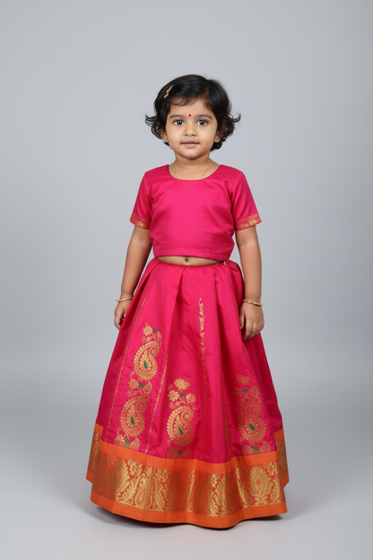 Tomato Pink Shade Semi silk Kids Pattu Pavadai with Contrast border for age 5 to 10