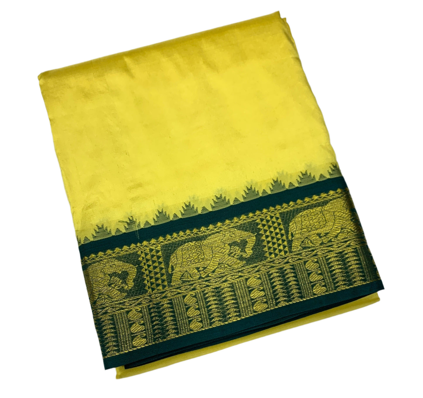 9X5 Pure Silk Dhoti Yellow Colour with Green and Maroon Ganga Jamuna Border