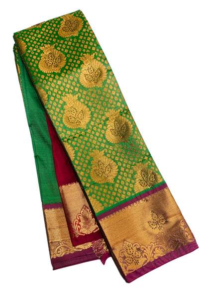 Vegan Silk Saree Light Green Colour with Copper and Pink Border