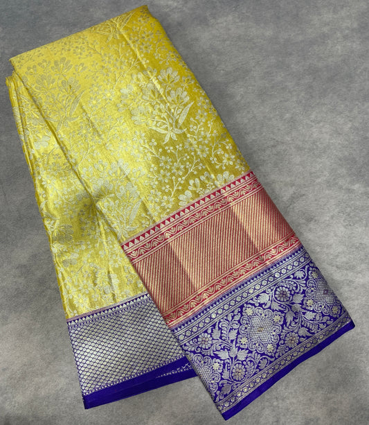 Lime Yellow Colour Soft Kanchi Tissue Pattu Saree with Blue Border