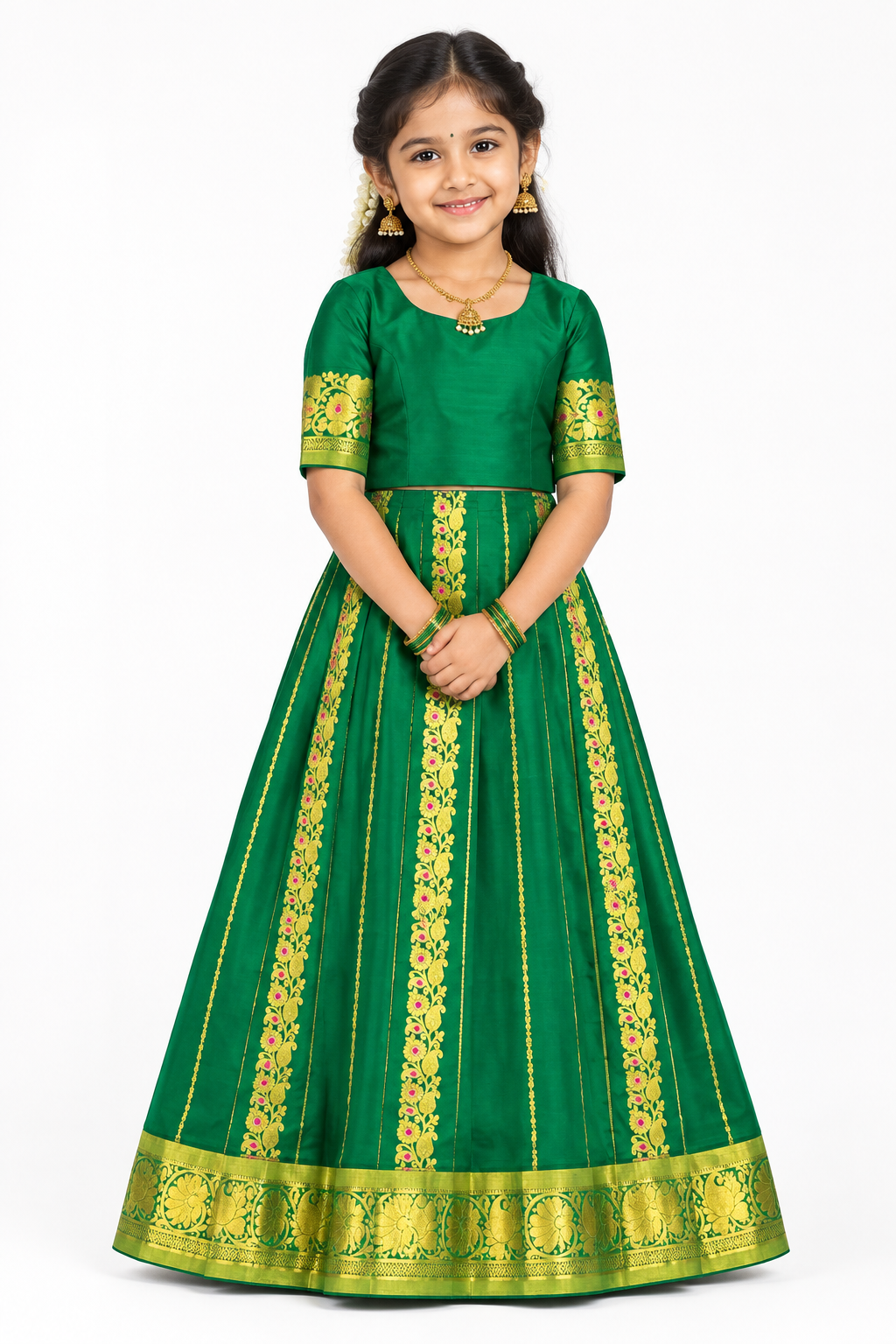 Light Green shade Semi Silk Kids Pattu Pavadai with Contrast border for age above 10 years