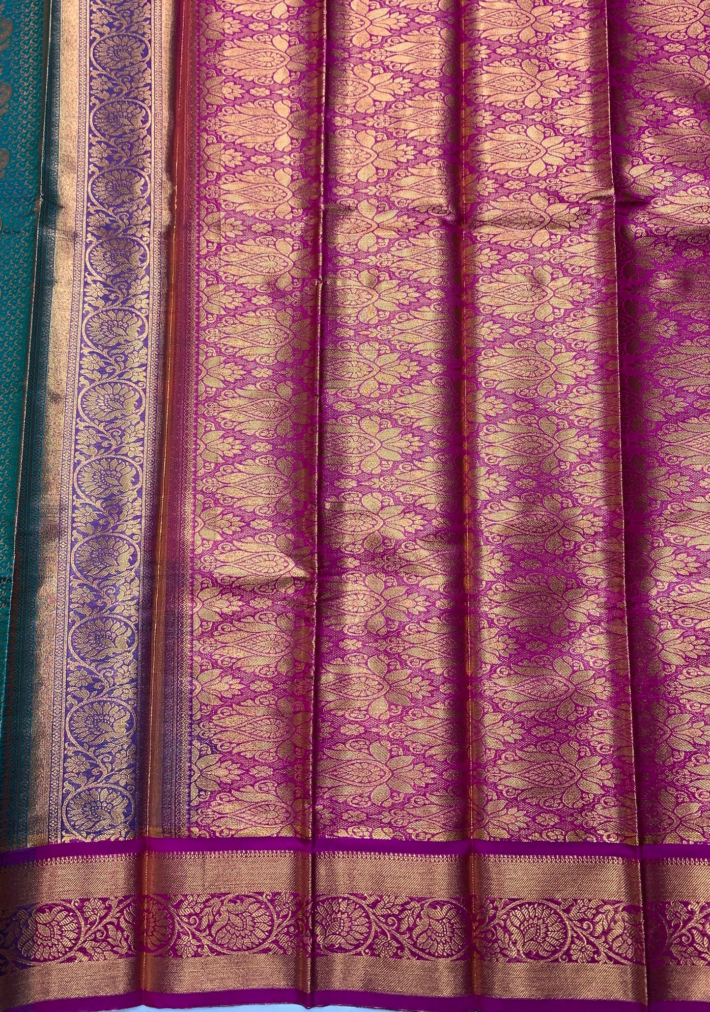 Vegan Silk Saree Green Colour with Copper and Magenta Border