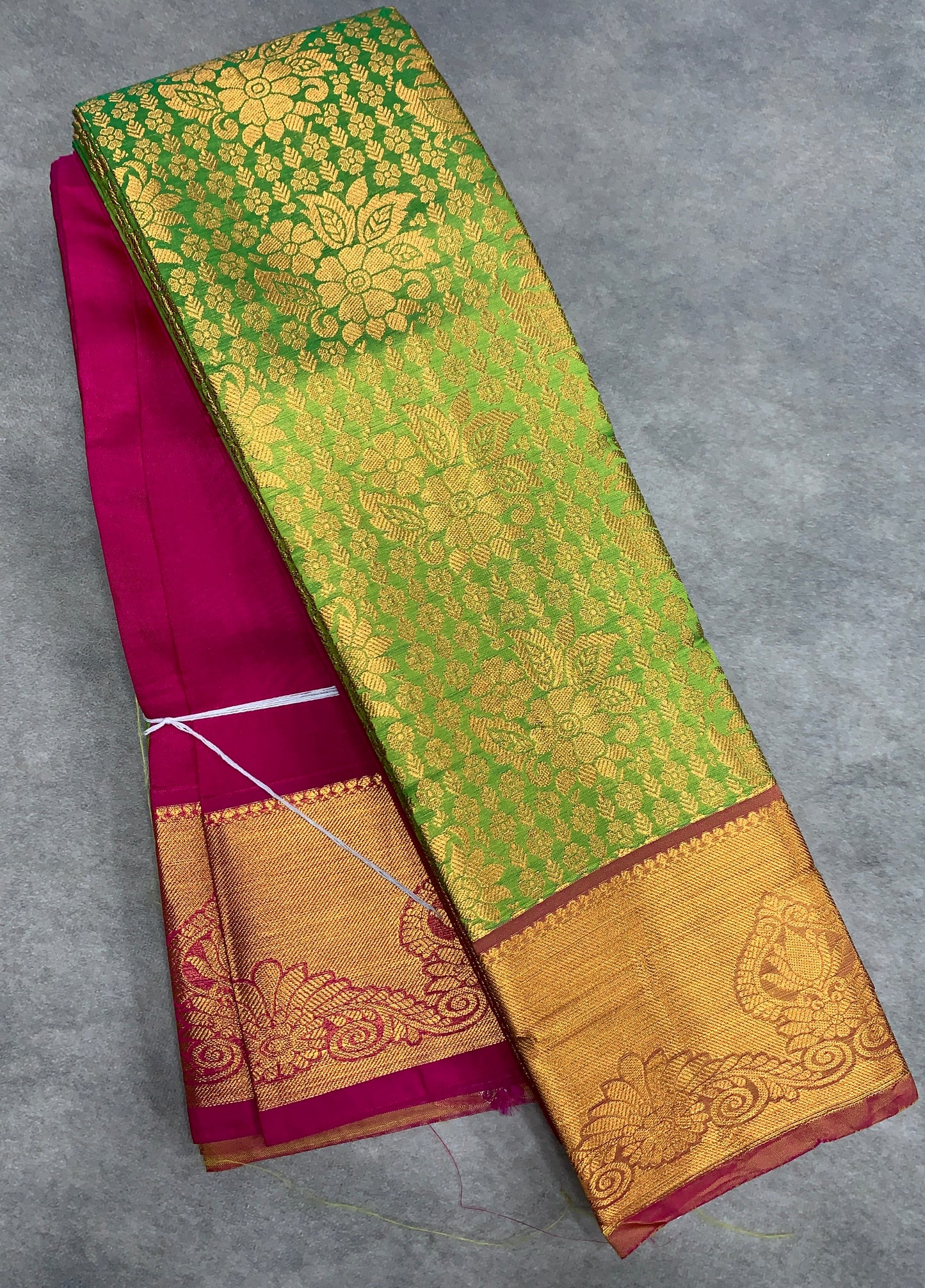 Vegan Silk Saree Light Green Colour with Pink and Copper Border