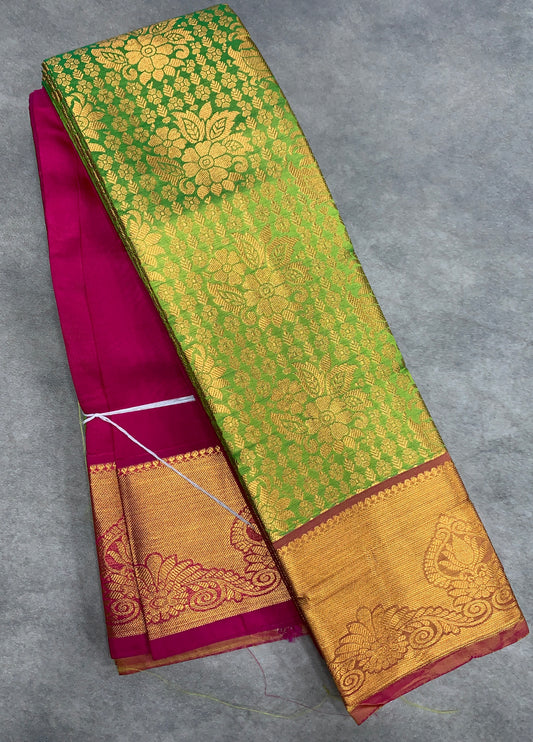 Vegan Silk Saree Light Green Colour with Pink and Copper Border