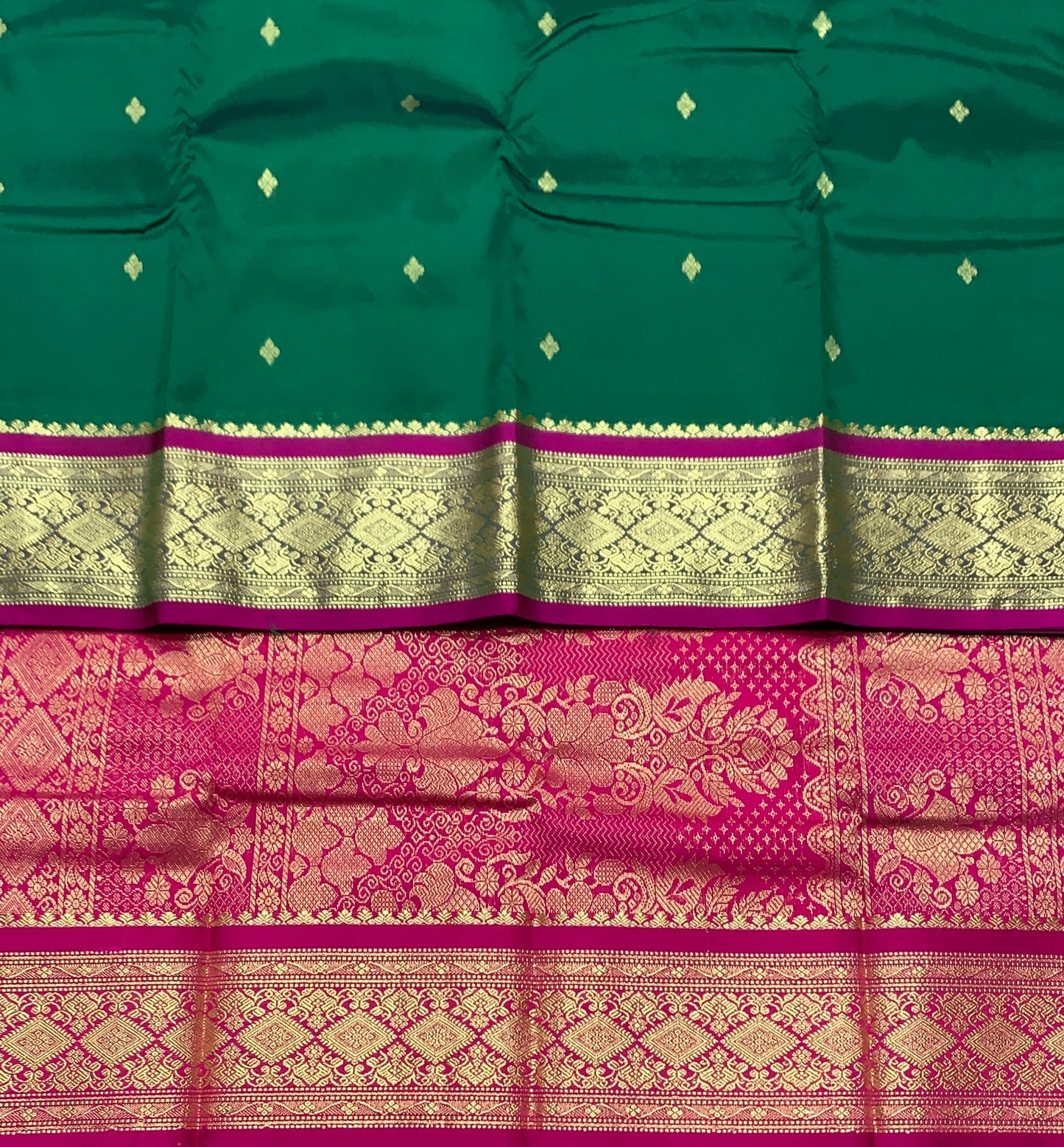 Green Colour Saree with Golden and Pink Border