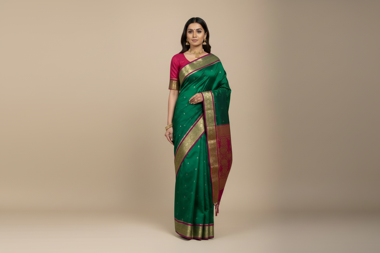 Green Colour Saree with Golden and Pink Border