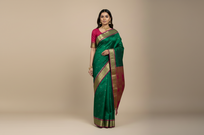 Green Colour Saree with Golden and Pink Border
