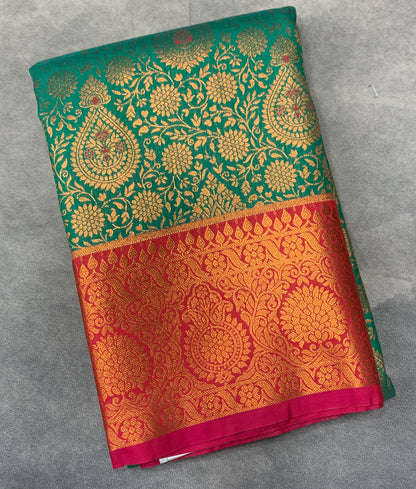 Vegan Silk Saree Green Colour with Pink Border