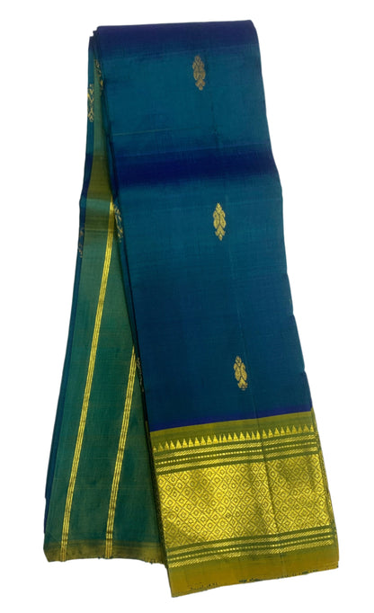 Pure Kanchipuram Silk Saree Peacock Blue Colour with Gold Zari Border