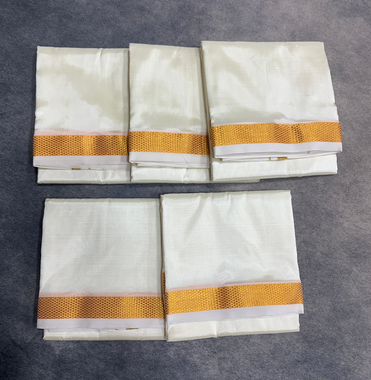 Art Silk Pooja Towel Cream with Small Gold Zari Border - Pack of 5