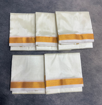 Art Silk Pooja Towel Cream with Small Gold Zari Border - Pack of 5