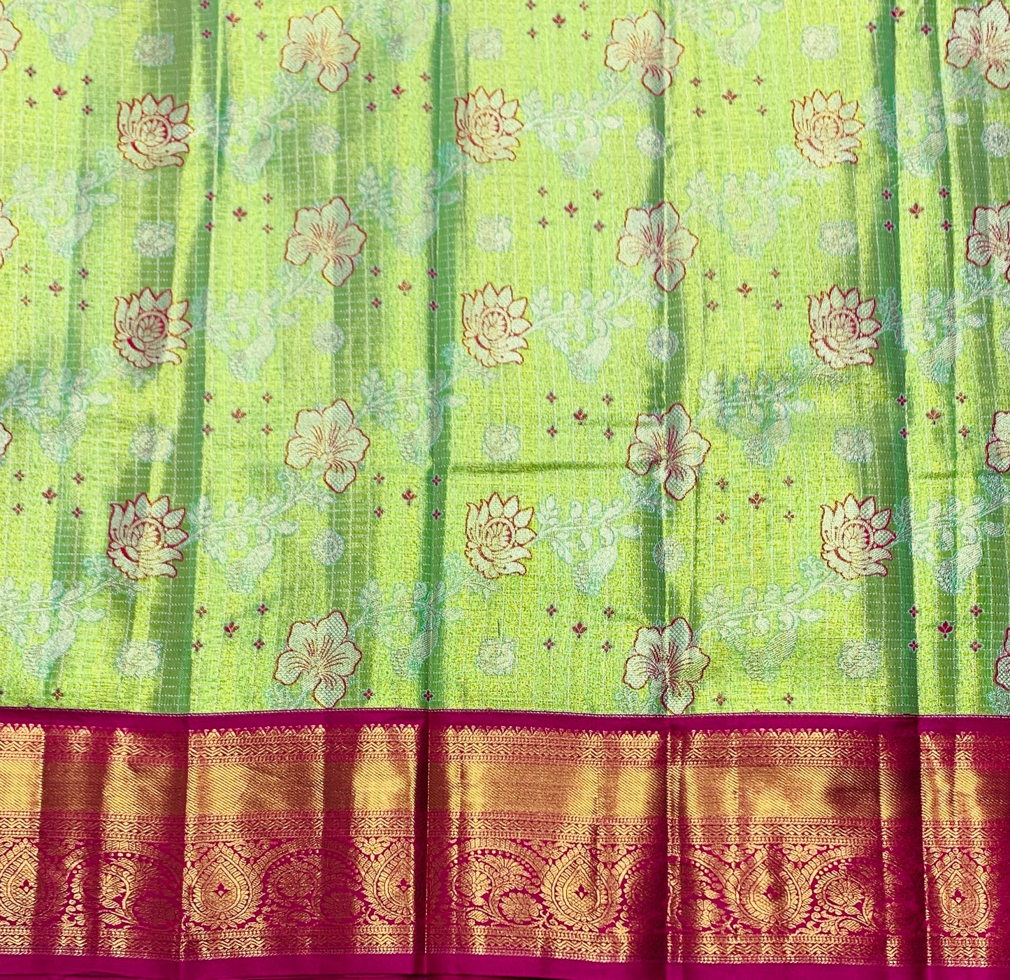 Neon Green Shade Vegan Silk Kids Pattu Pavadai with Contrast border for age 2 to 5