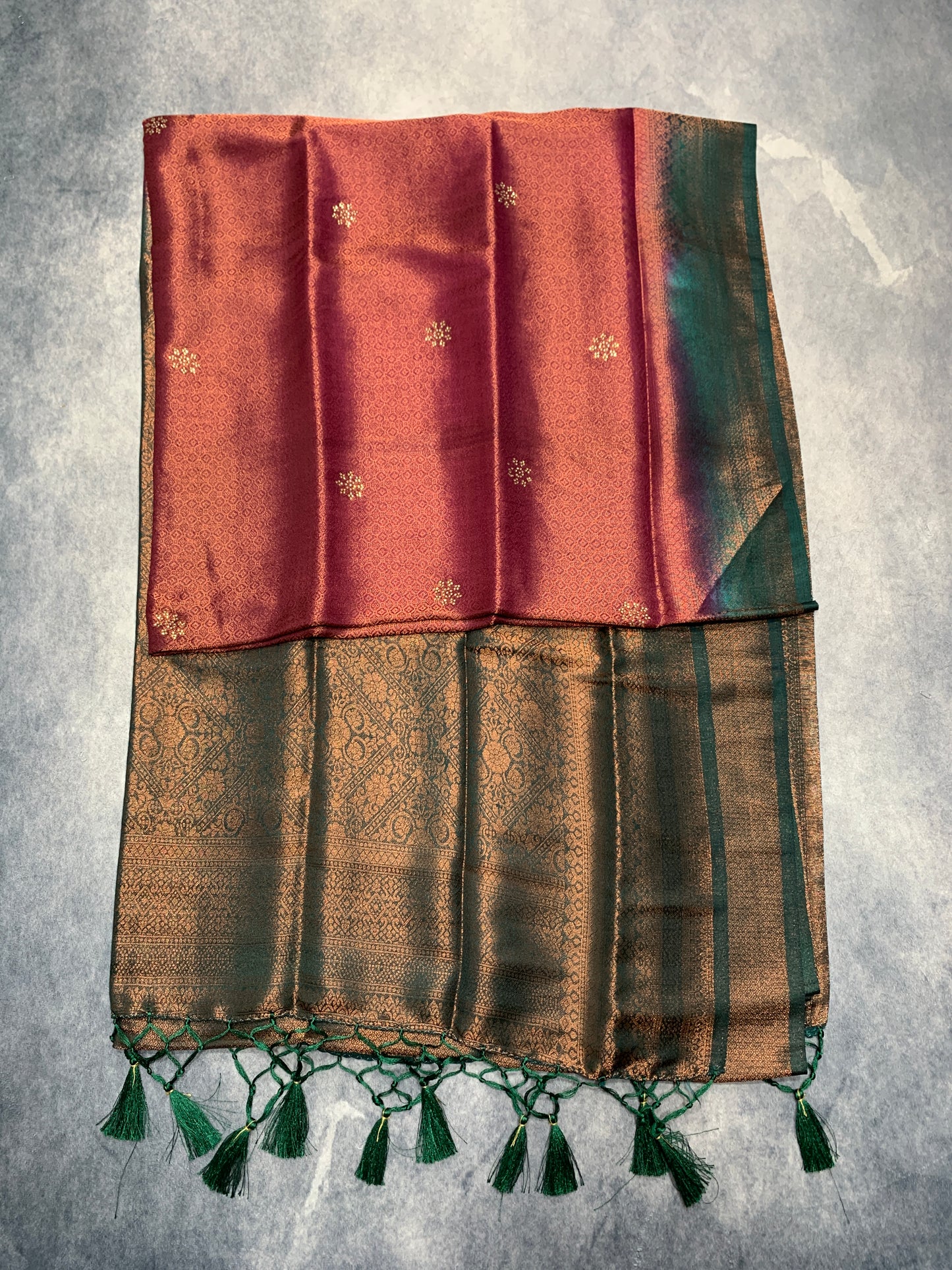 Soft Silk Saree Brown Colour and Stone Work with Green Colour Pallu