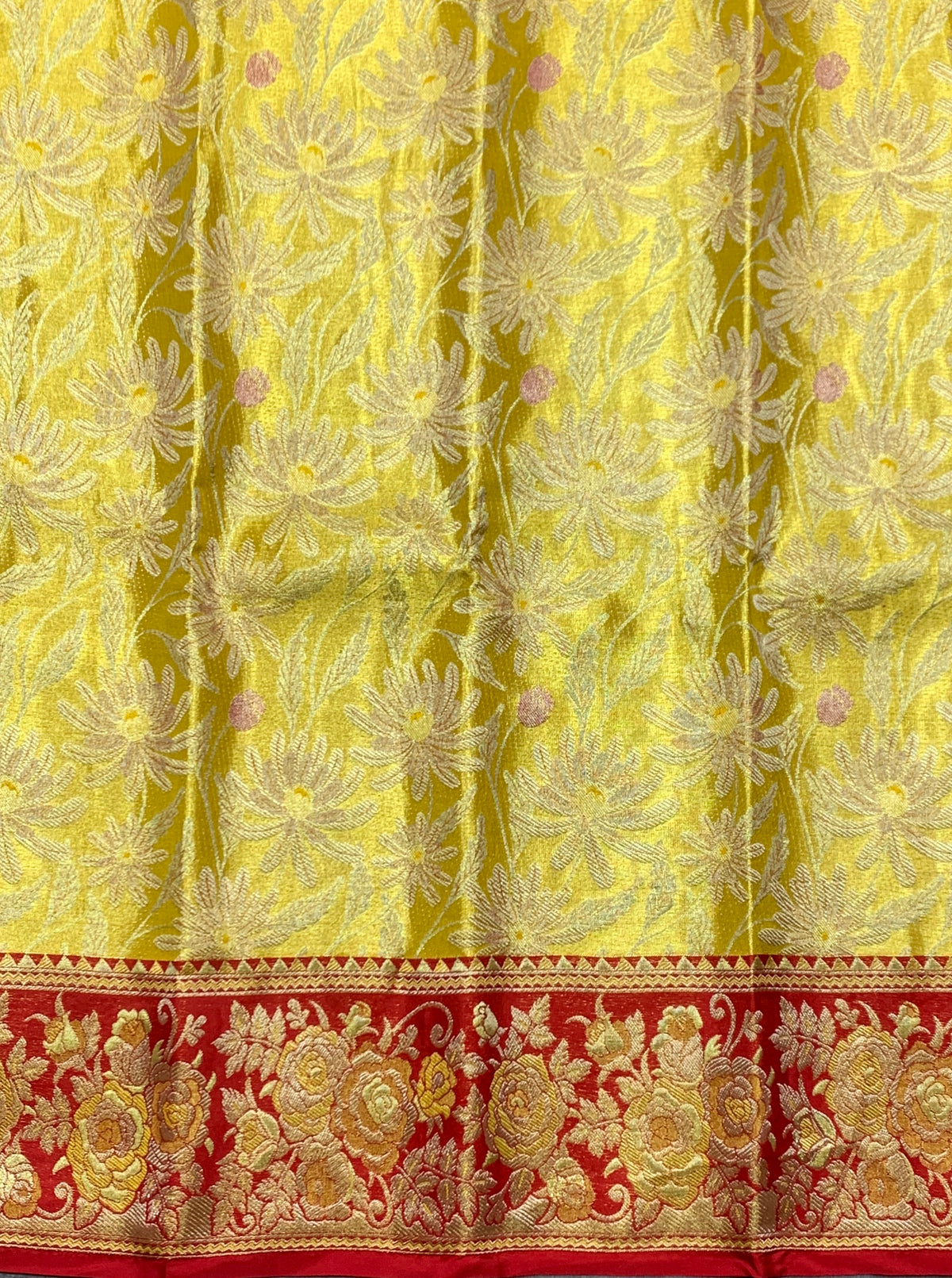 Yellow Shade Pure Kanchipuram Kids Pattu Pavadai with Contrast Border for Newborn to 2 Years