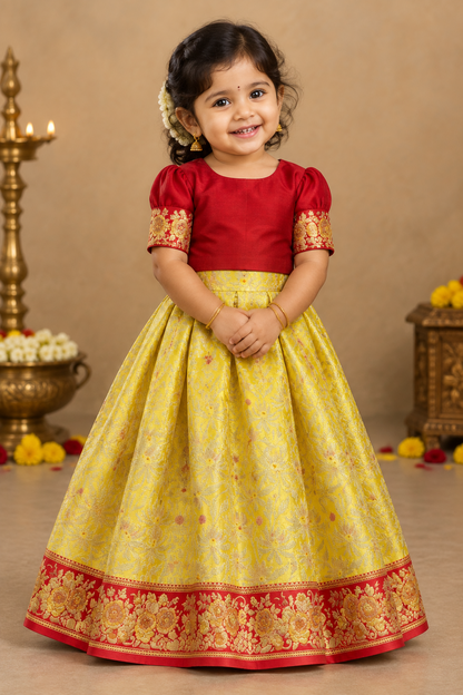 Yellow Shade Pure Kanchipuram Kids Pattu Pavadai with Contrast Border for Newborn to 2 Years