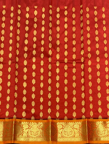 Maroon Shade Pure Kanchipuram Kids Pattu Pavadai with Contrast Border for Newborn to 2 Years