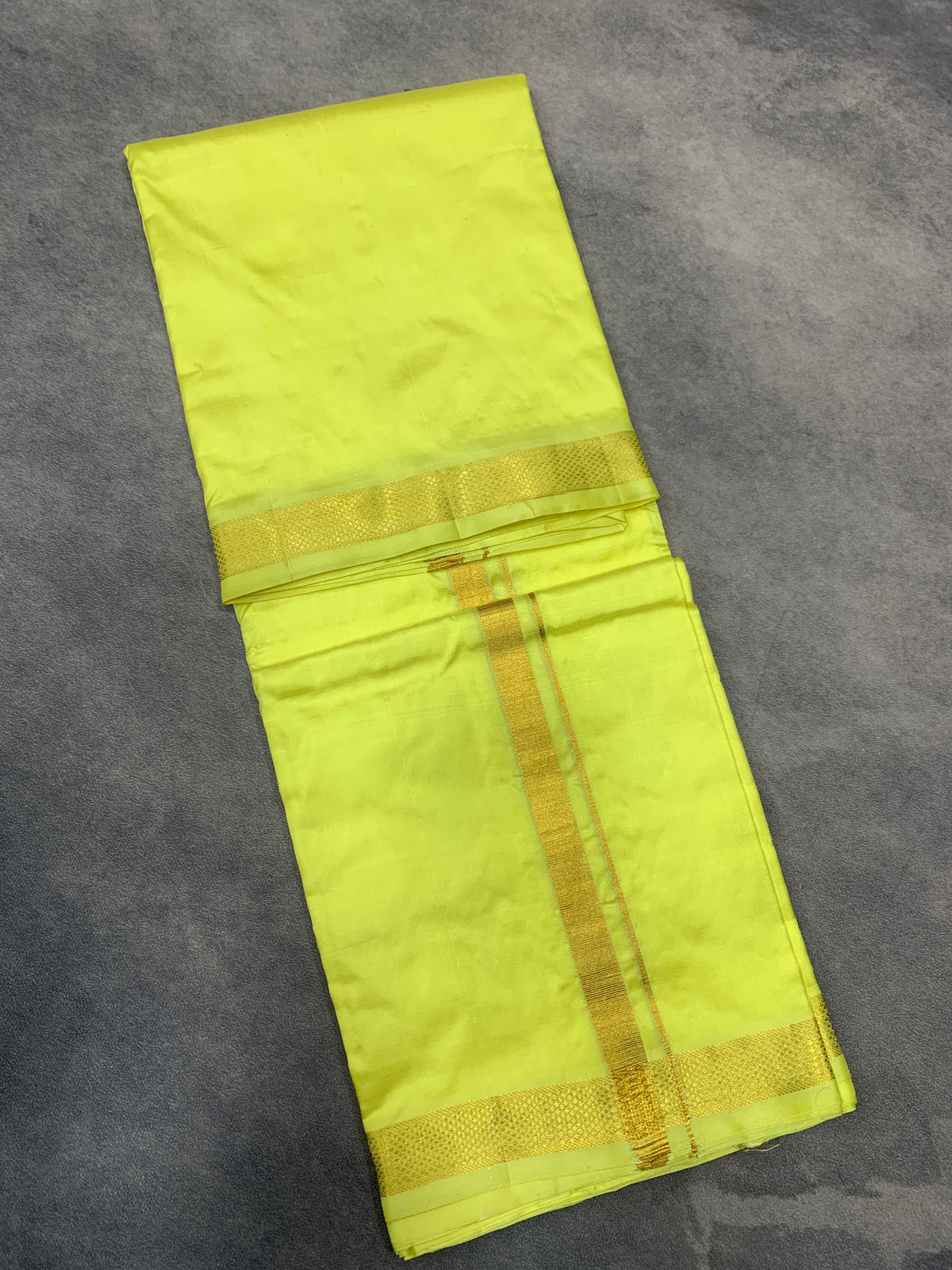 9X5 Pure Silk Dhoti Lemon Yellow Colour with Small Golden Zari Border