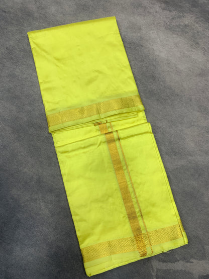 9X5 Pure Silk Dhoti Lemon Yellow Colour with Small Golden Zari Border