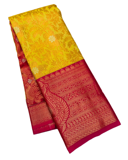 Vegan Silk Saree Yellow shade with Pink Border