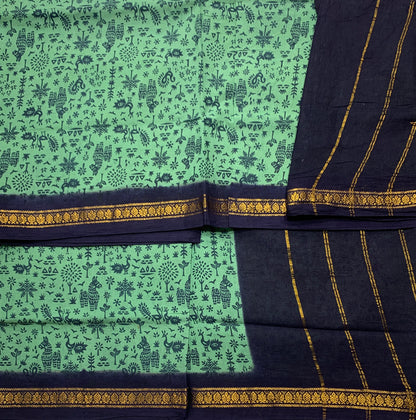 Chettinad Sungudi Cotton Mint Green Colour with Navy Blue Border