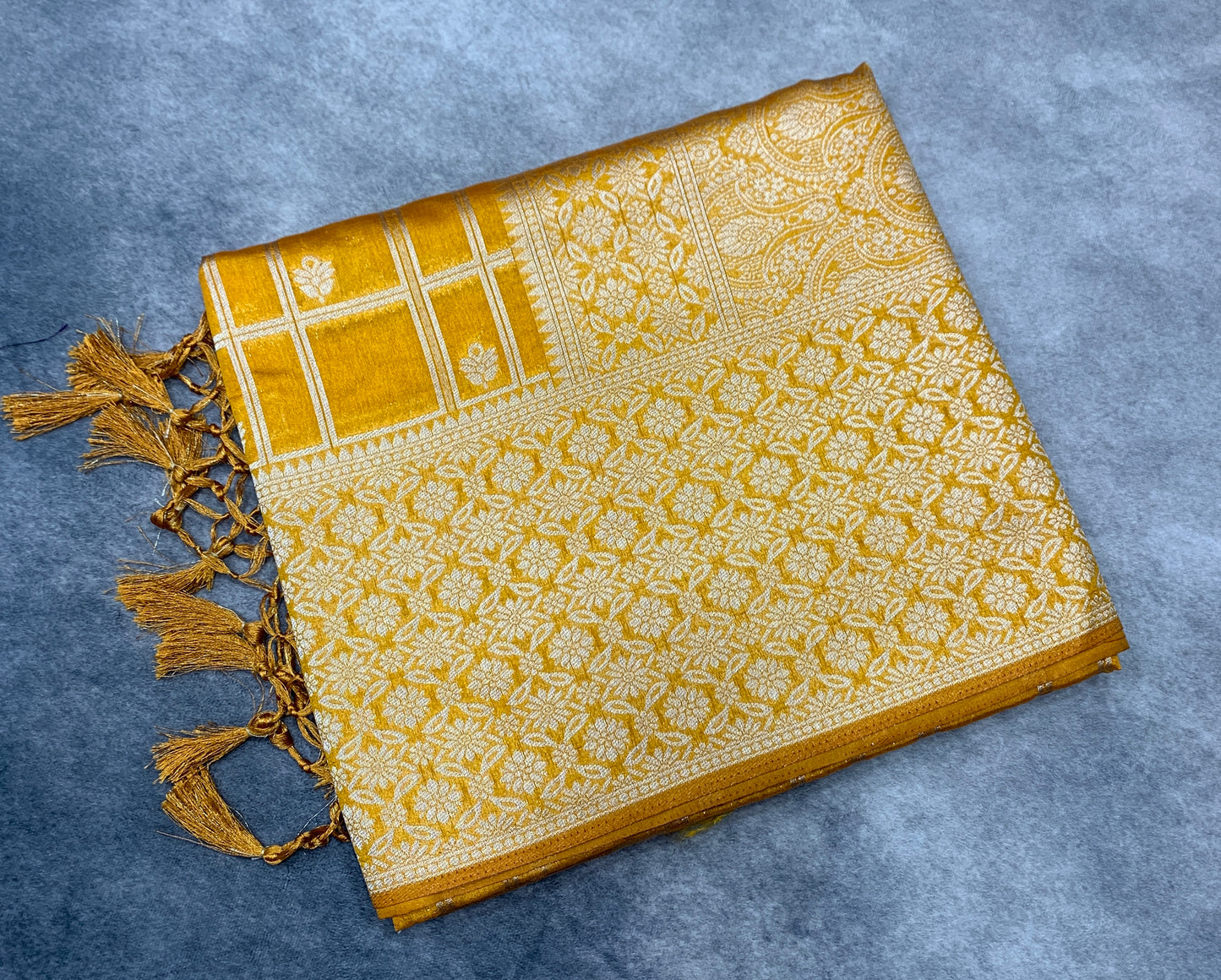 Soft Silk Casual Saree Mustard Colour with Sliver Colour Floral Design Border