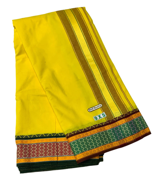 9X5 Cotton Dhoti Yellow Green and Maroon Border with Angavastram