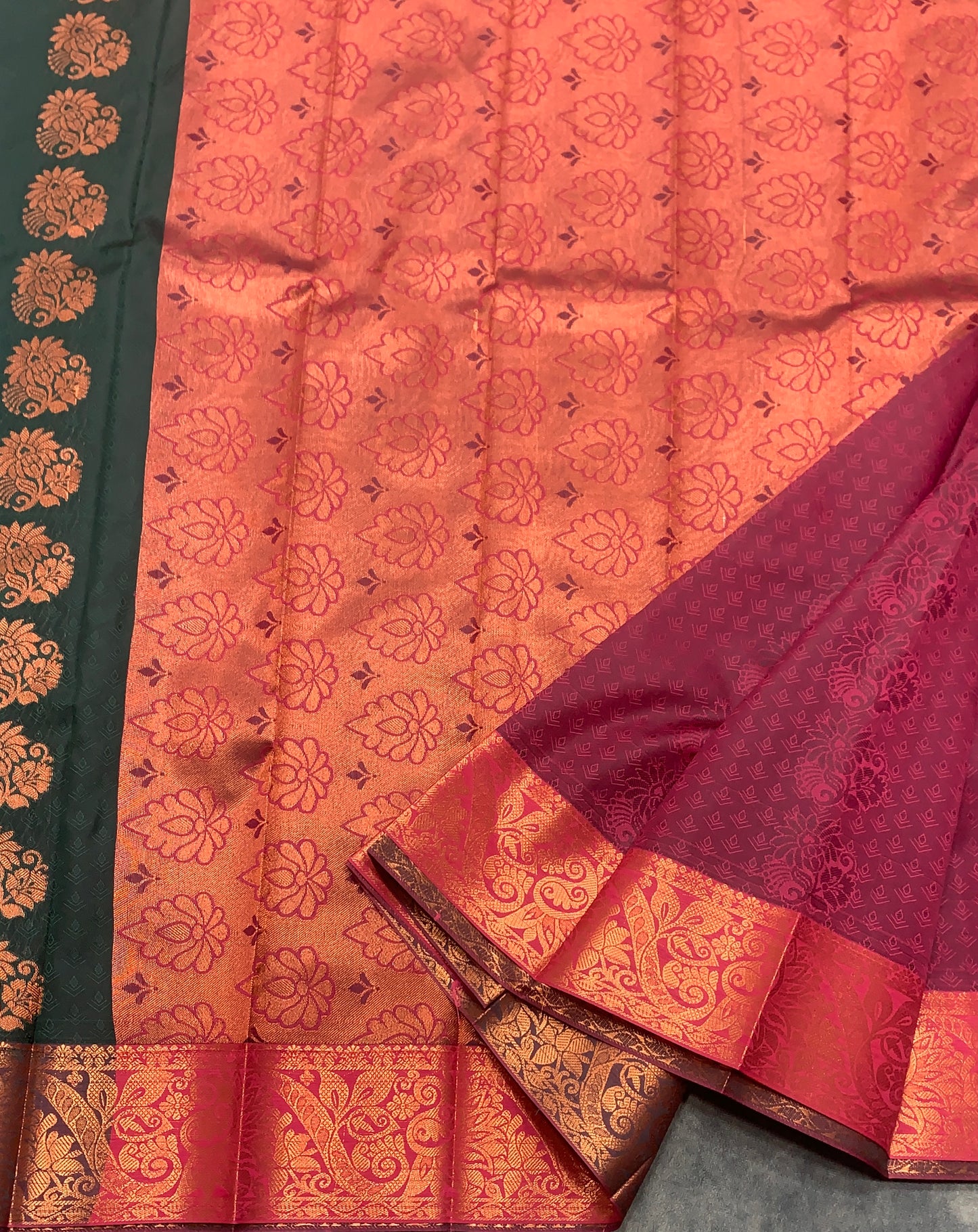 Vegan Silk Saree Green Colour Saree with Copper and Floral Design Border