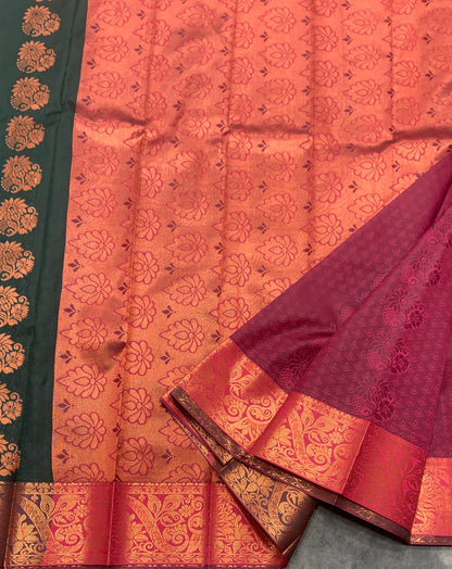 Vegan Silk Saree Green Colour Saree with Copper and Floral Design Border