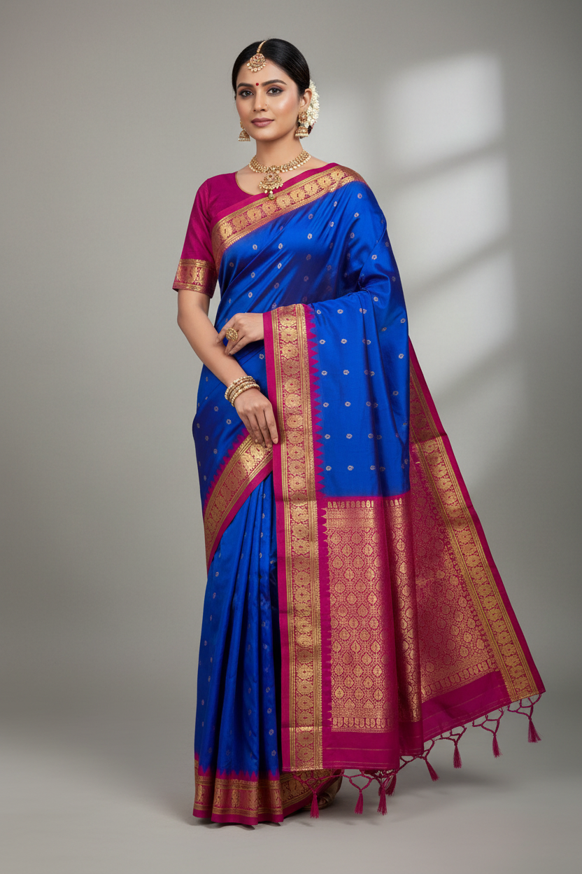 Pure Kanchipuram Silk Saree Dual Colour with Contrast Pink Annam Border
