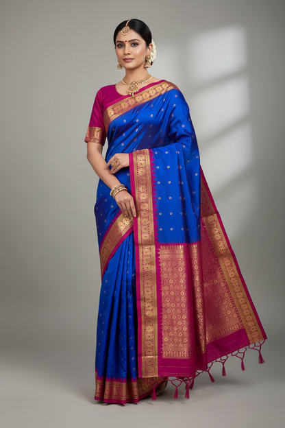 Pure Kanchipuram Silk Saree Dual Colour with Contrast Pink Annam Border
