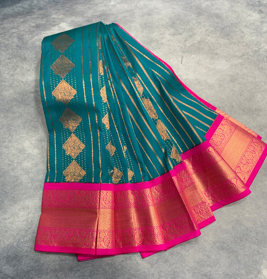 Vegan Silk Saree Peacock Blue Colour Saree with Pink Colour Contrast Border