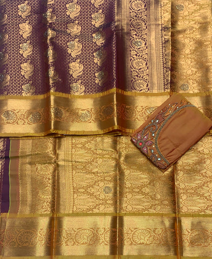 Bridal Vegan Silk Saree Maroon shade with Golden Yellow Border with Unstitched blouse in Aari Work
