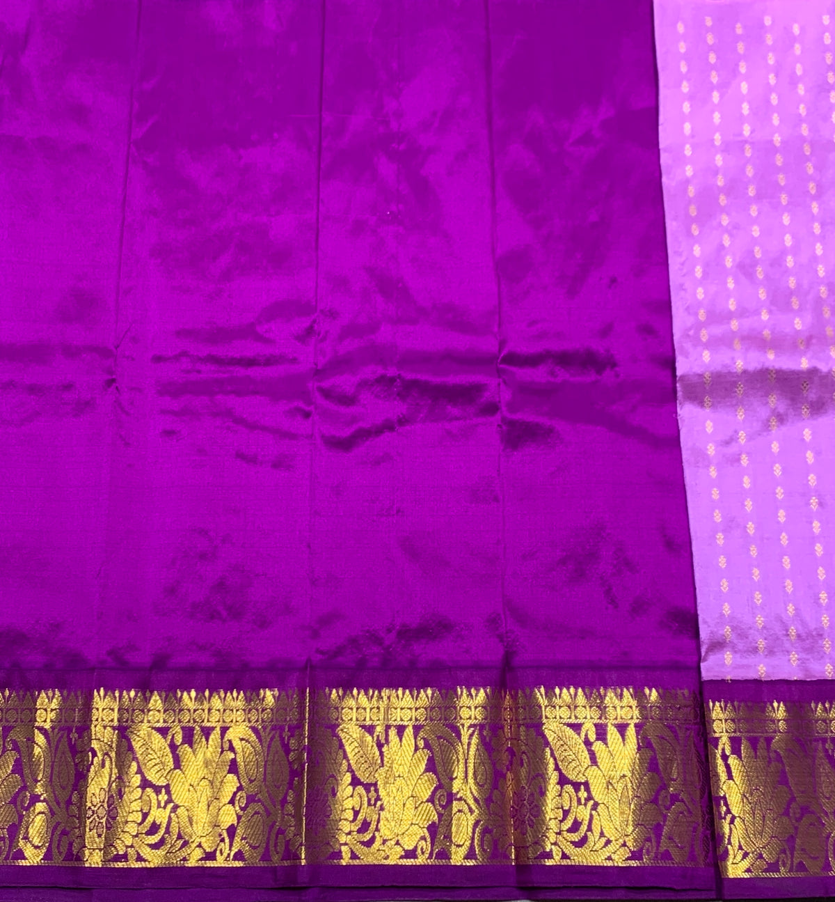 Lavender Shade Pure Kanchipuram Kids Pattu Pavadai with Contrast Border for Newborn to 2 Years
