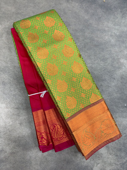 Vegan Silk Saree Apple Green Colour with Pink and Copper Border