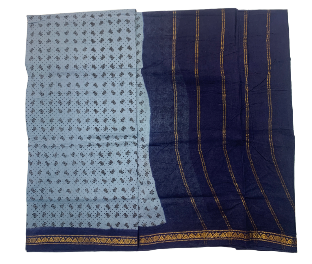 9 yards Cotton Saree Gray Colour with Navy Blue Border