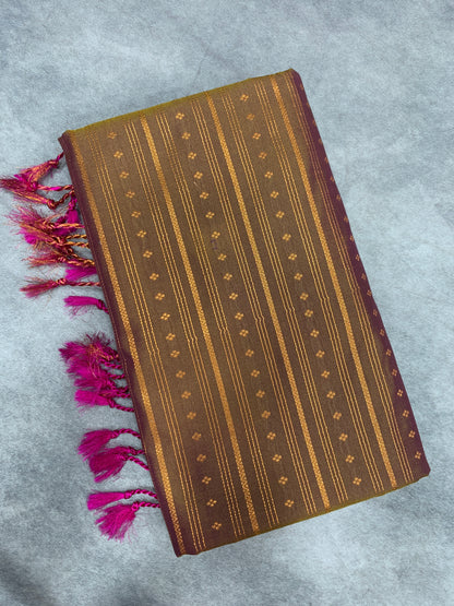 Soft Vegan Silk Saree Brown Colour with Pink and Copper Border