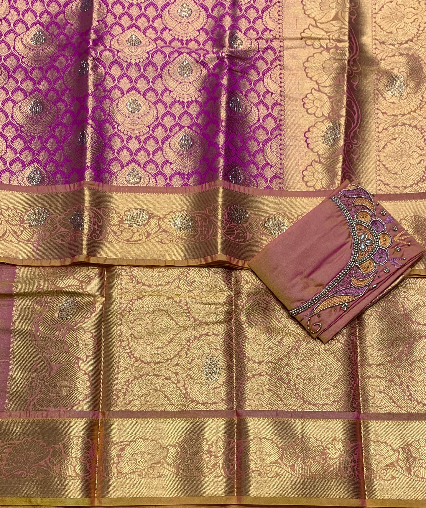Bridal Vegan Silk Saree Pink Colour with Golden Yellow Border with Unstitched blouse in Aari Work