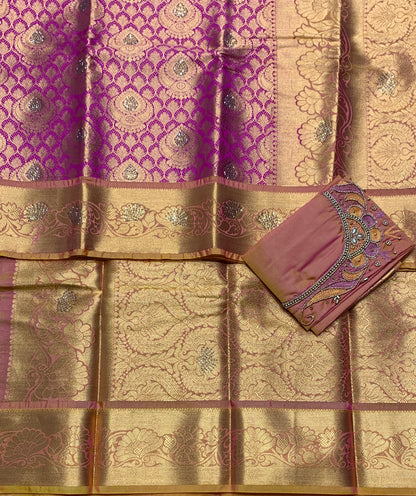 Bridal Vegan Silk Saree Pink Colour with Golden Yellow Border with Unstitched blouse in Aari Work