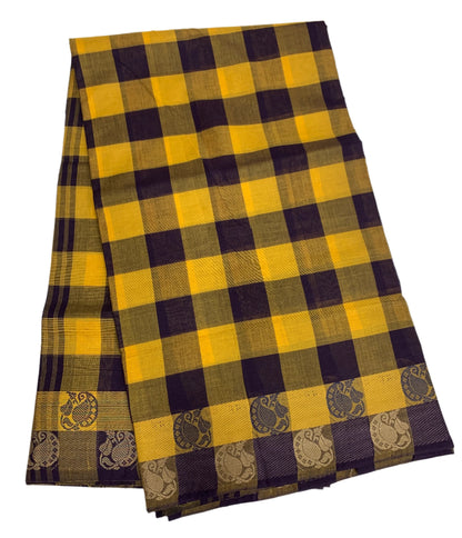 Chettinad Cotton Saree Yellow and Maroon with Checked Design