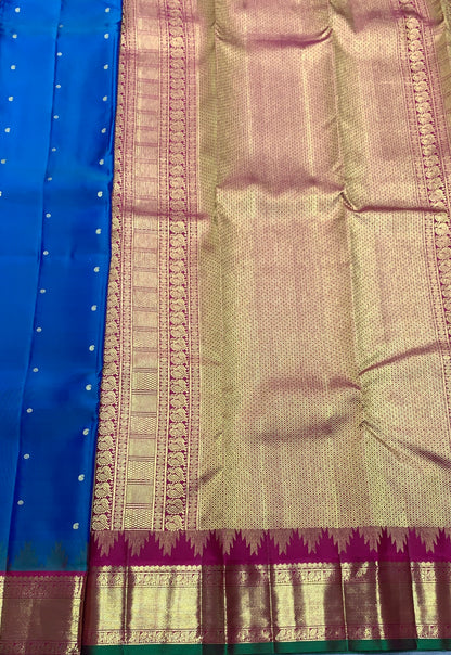 Pure Kanchipuram Silk Sky Blue Colour with Red and Golden Zari Border