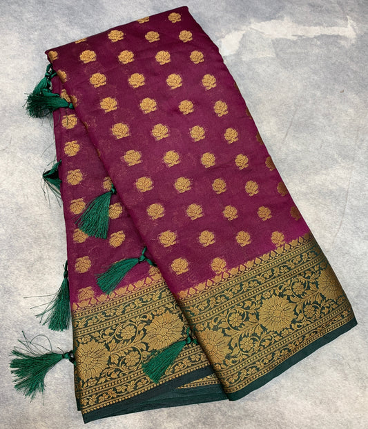 Crepe Saree Magenta Colour with Green Border