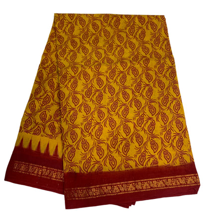 Chettinad Sungudi Cotton Mango Yellow Colour with Maroon Border