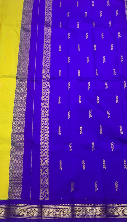 Pure Kanchipuram Silk Saree Yellow Green Colour with Blue and Gold Zari Border