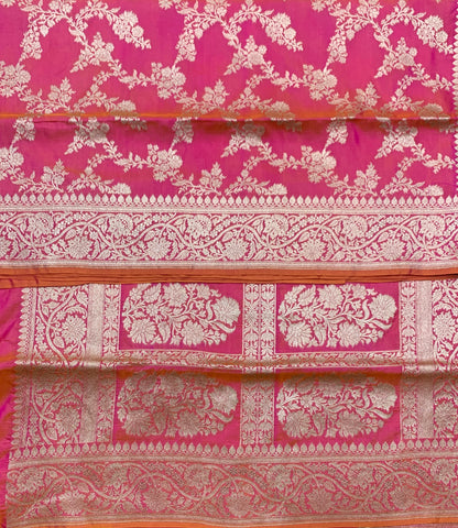 Pure Banaras Silk Saree Rani Pink (Dual Tone)Colour with Self Colour Banarasi border